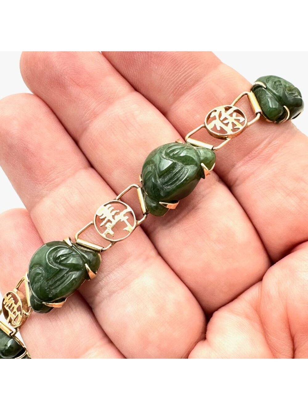 Vintage Jade Bracelet 14k Yellow Gold Carved Green Buddha 7 Inch